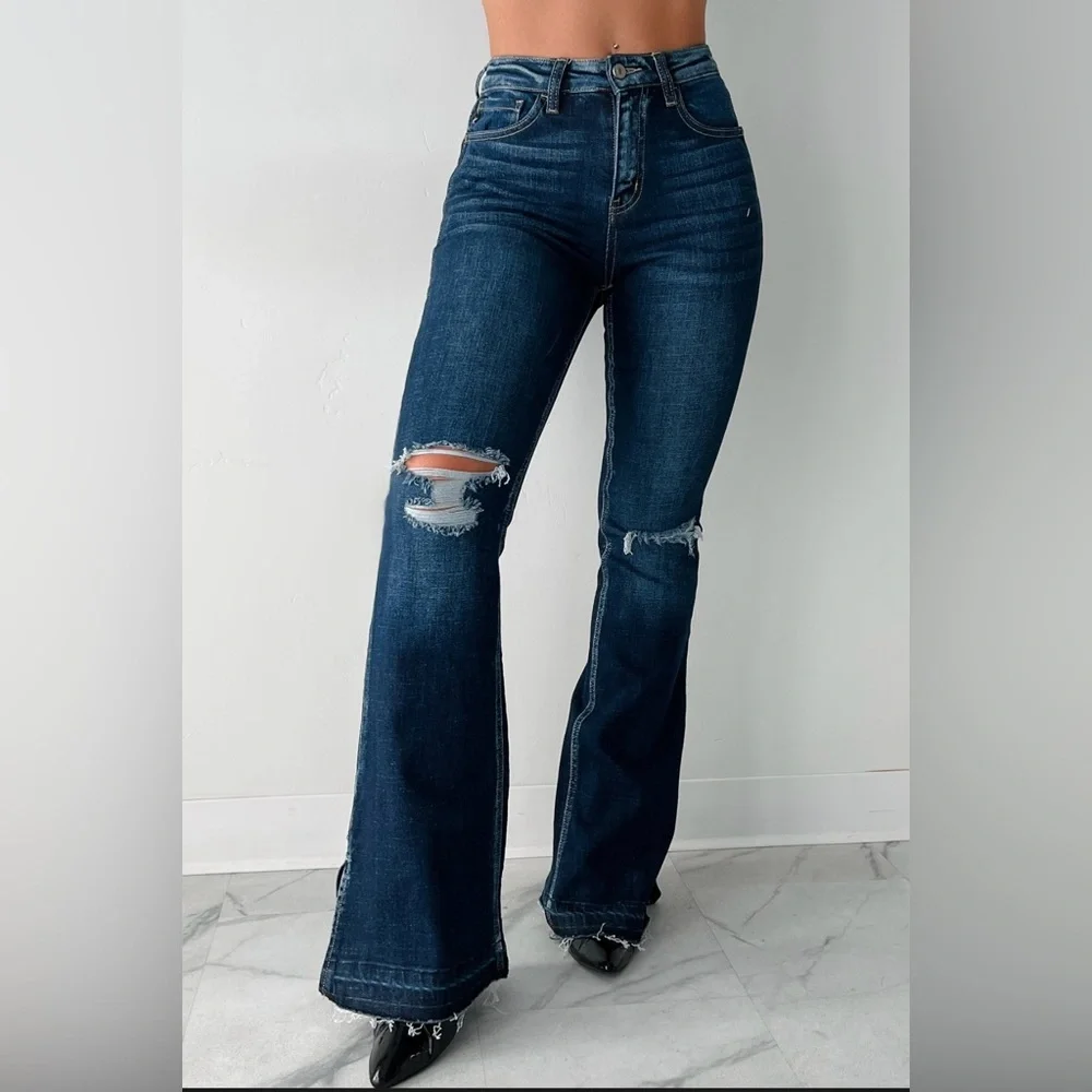 New KanCan Flare Jeans Dark Wash Side Slit High Rise Release Hem - Picture 2 of 6